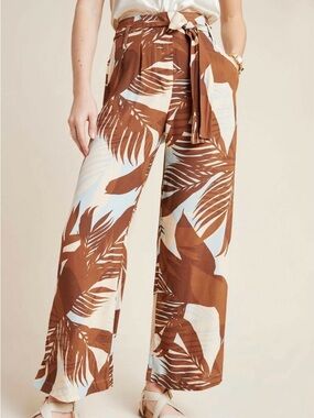 Worn 1X Anthropologie DRA Paradisas Wide Leg Palm Print Belted Pants Brown Blue